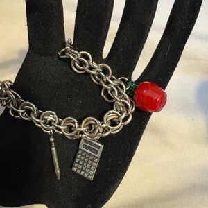 Silver Charm Bracelet with Red Apple